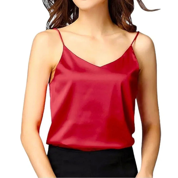 Miqieer V-Neck Silky Loose Camisole Blouse Shirt Top Red Satin Size S - Picture 3 of 6